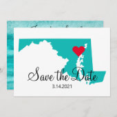 ターコイズティール（緑がかった色）ウォーターカラーメリーランド行き先 セーブザデート (正面/裏面)