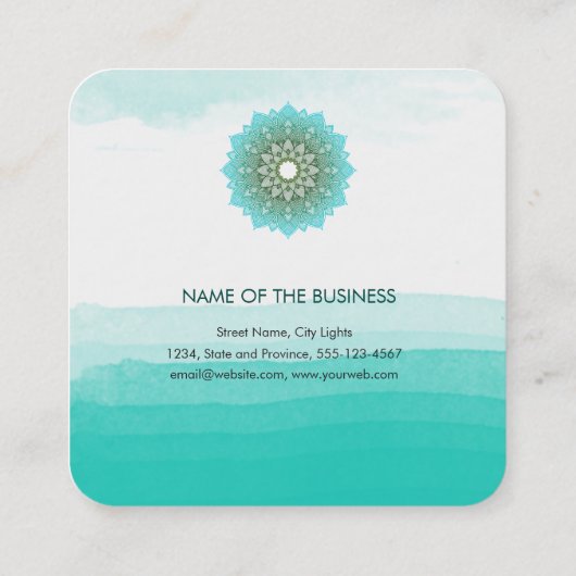 ターコイズティール(緑がかった色)ウォーターカラーロータスマンダラヨガ スクエア名刺 (裏面)