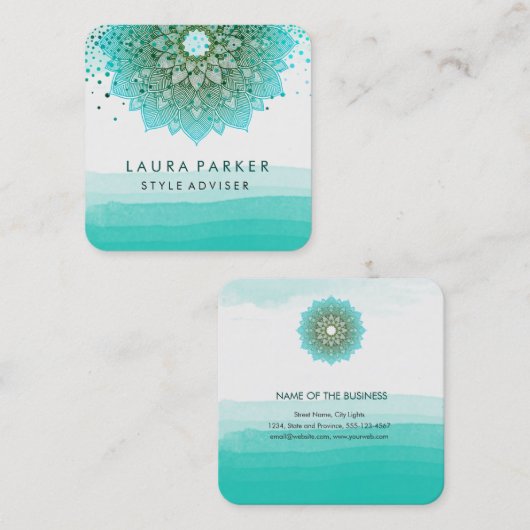 ターコイズティール(緑がかった色)ウォーターカラーロータスマンダラヨガ スクエア名刺 (正面/裏面)