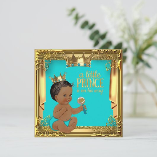 ターコイズティール（緑がかった色）エスニックプリンスベビーシャワー 招待状 (スタンド正面)