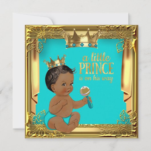 ターコイズティール（緑がかった色）エスニックプリンスベビーシャワー 招待状 (正面)