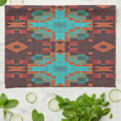 ターコイズティール（緑がかった色）オレンジレッドエクレクティックエスニックルック キッチンタオル (折り畳み)