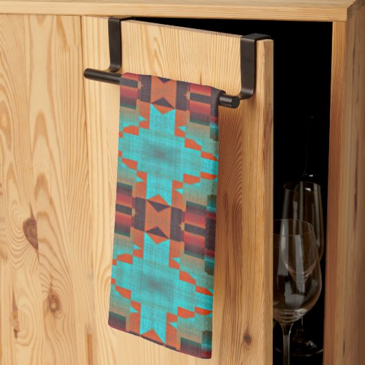 ターコイズティール（緑がかった色）オレンジレッドエクレクティックエスニックルック キッチンタオル (三つ折り)