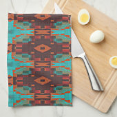 ターコイズティール（緑がかった色）オレンジレッドエクレクティックエスニックルック キッチンタオル (四つ折り)