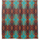 ターコイズティール（緑がかった色）オレンジレッドエクレクティックエスニックルック シャワーカーテン (正面)