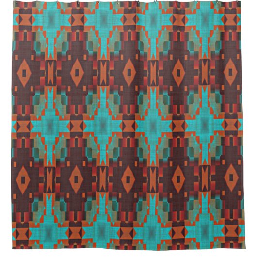 ターコイズティール（緑がかった色）オレンジレッドエクレクティックエスニックルック シャワーカーテン (正面)