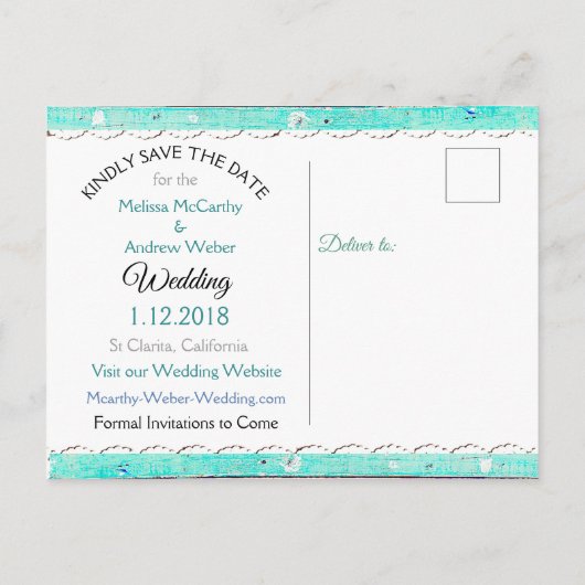 ターコイズティール(緑がかった色)グレイ木材の日付ポストカードを保存 案内ポストカード (裏面)