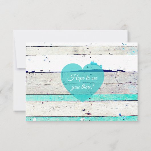 ターコイズティール（緑がかった色）グレイ素朴ウッドウェディングRSVPカード 出欠カード (裏面)