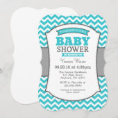 ターコイズティール（緑がかった色）グレーシェブロンベビーシャワー招待状 招待状 (正面/裏面)