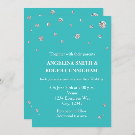 ターコイズティール（緑がかった色）シルバーグリッターモダン結婚ズ 招待状 (正面/裏面)