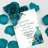 ターコイズティール(緑がかった色)スパークルドレススウィート16パーティー 招待状