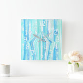 ターコイズティール(緑がかった色)ダイヤモンドペンタゴン幾何クロック スクエア壁時計 (ホーム)