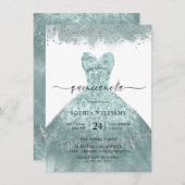 ターコイズティール（緑がかった色）ドレスキンセアニェラパーティの招待状 招待状 (正面/裏面)