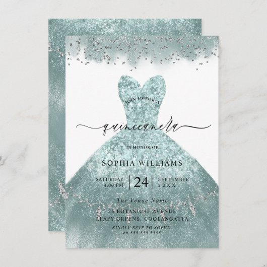 ターコイズティール(緑がかった色)ドレスキンセアニェラパーティの招待状 招待状 (正面/裏面)