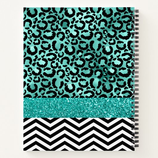 ターコイズティール(緑がかった色)フェイクグリッターヒョウ印刷モノグラム ノートブック (裏面)
