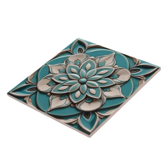 ターコイズティール（緑がかった色）フェイクレリーフ、 浮き彫りフローラフラワーアクアブルー タイル (側面)