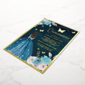 ターコイズティール（緑がかった色）フローラバタフライキンセアニェラ金ゴールド 箔招待状 (回転した状態)