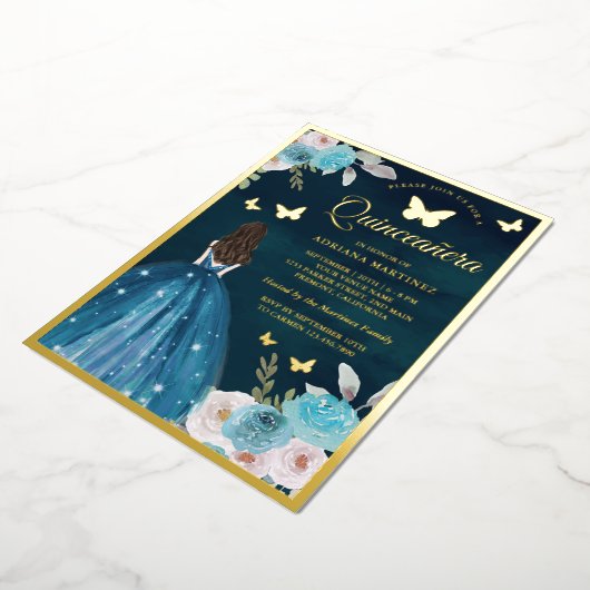 ターコイズティール（緑がかった色）フローラバタフライキンセアニェラ金ゴールド 箔招待状 (回転した状態)