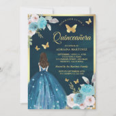 ターコイズティール（緑がかった色）フローラバタフライ金ゴールドキンセアニェラ 招待状 (正面)