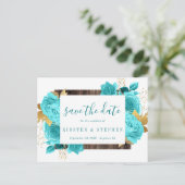 ターコイズティール（緑がかった色）ブルーアクア金ゴールドフローラ保存日付 ポストカード (スタンド正面)