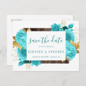 ターコイズティール（緑がかった色）ブルーアクア金ゴールドフローラ保存日付 ポストカード (正面/裏面)