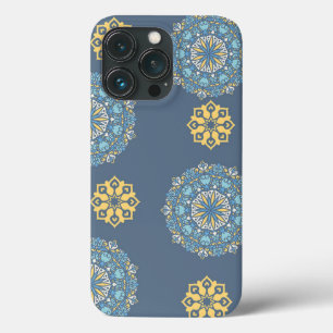 ターコイズティール(緑がかった色)ブルーアンイエローマンダラアートパターン iPhone 13 PROケース