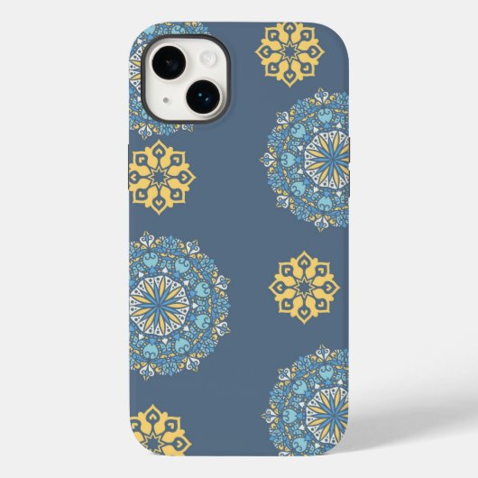 ターコイズティール(緑がかった色)ブルーアンイエローマンダラアートパターン Case-Mate iPhoneケース (裏面)