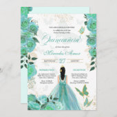 ターコイズティール(緑がかった色)ブルーバラバタフライキンセアニェライン 招待状 (正面/裏面)