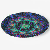 ターコイズティール（緑がかった色）ブルーフラクタルマンダラパターン ペーパープレート (アングル)