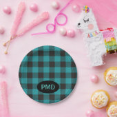 ターコイズティール(緑がかった色)ブルーブラックバッファロープレイドモノグラム ペーパープレート (パーティー)