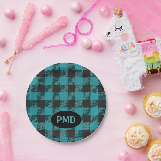 ターコイズティール（緑がかった色）ブルーブラックバッファロープレイドモノグラム ペーパープレート (パーティー)