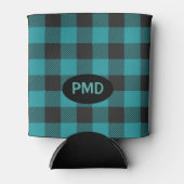 ターコイズティール(緑がかった色)ブルーブラックバッファロープレイドモノグラム 缶クーラー (正面)