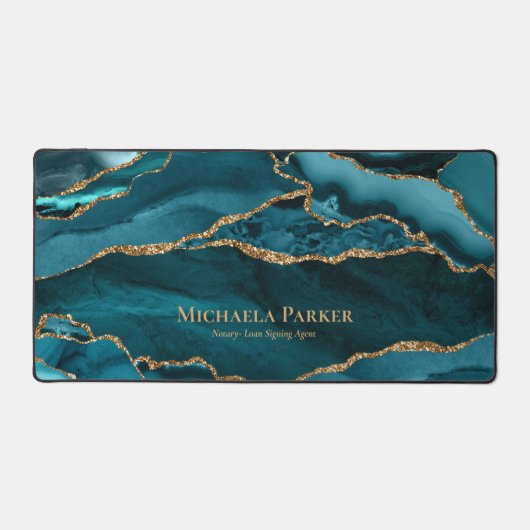 ターコイズティール（緑がかった色）ブルー金ゴールドアゲートジオードビジネス デスクマット (正面)