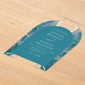 ターコイズティール(緑がかった色)ブルー金ゴールドアゲ結婚ートエレガント アクリル招待状 (レイダウン)