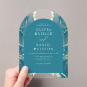 ターコイズティール(緑がかった色)ブルー金ゴールドアゲ結婚ートエレガント アクリル招待状 (インサイチュ (ポータブル))