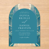 ターコイズティール(緑がかった色)ブルー金ゴールドアゲ結婚ートエレガント アクリル招待状 (正面)
