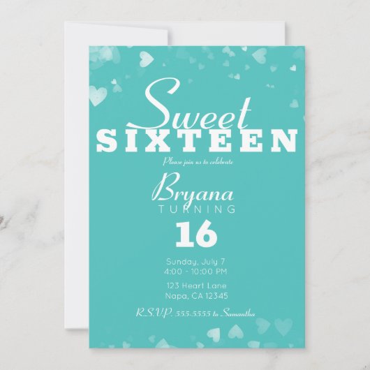 ターコイズティール(緑がかった色)&ホワイトハートシックスウィート16パーティー 招待状 (正面)