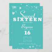 ターコイズティール(緑がかった色)&ホワイトハートシックスウィート16パーティー 招待状 (正面/裏面)