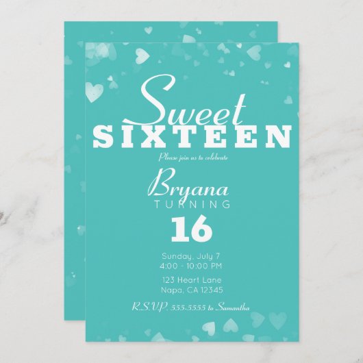 ターコイズティール(緑がかった色)&ホワイトハートシックスウィート16パーティー 招待状 (正面/裏面)