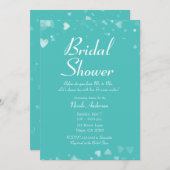 ターコイズティール（緑がかった色）&ホワイトハートシックブライダルシャワー 招待状 (正面/裏面)