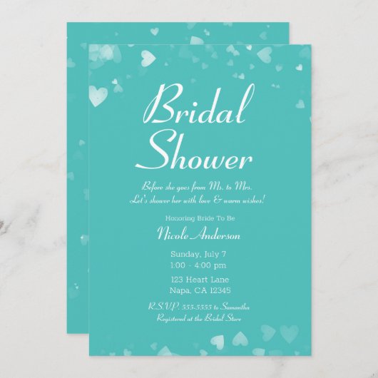 ターコイズティール（緑がかった色）&ホワイトハートシックブライダルシャワー 招待状 (正面/裏面)