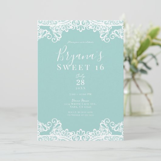 ターコイズティール（緑がかった色）ホワイトレースエレガントスウィート16パーティー 招待状 (スタンド正面)
