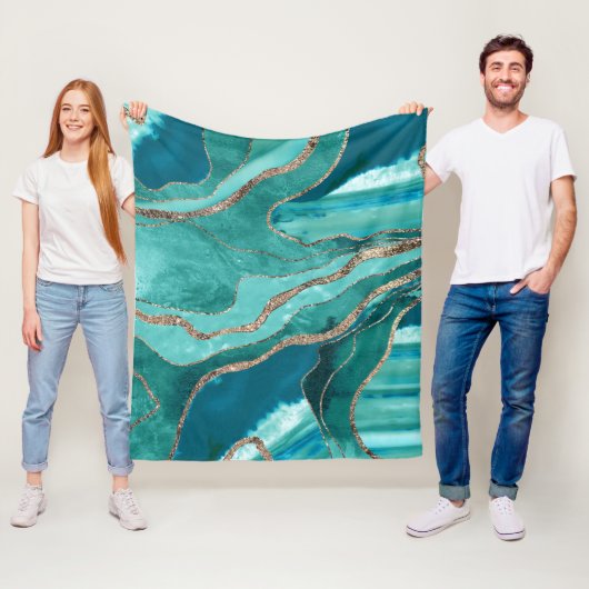 ターコイズティール(緑がかった色)マーブルアゲート金ゴールドグリッターグラム#1 フリースブランケット (インサイチュ)