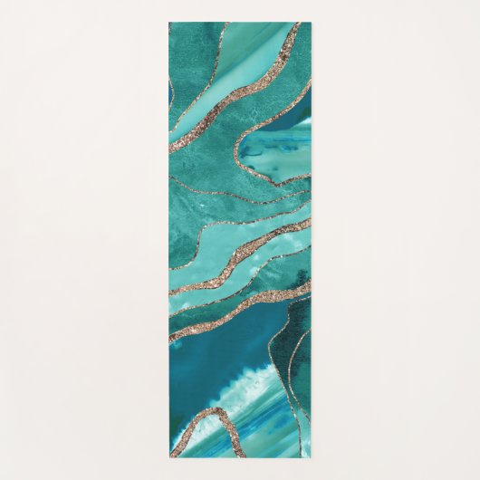 ターコイズティール（緑がかった色）マーブルアゲート金ゴールドグリッターグラム#1 ヨガマット (正面)