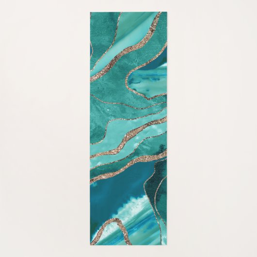 ターコイズティール（緑がかった色）マーブルアゲート金ゴールドグリッターグラム#1 ヨガマット (裏面)