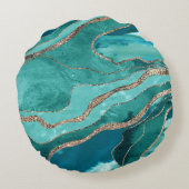 ターコイズティール(緑がかった色)マーブルアゲート金ゴールドグリッターグラム#1 ラウンドクッション (裏面)