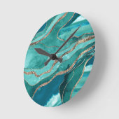 ターコイズティール(緑がかった色)マーブルアゲート金ゴールドグリッターグラム#1 ラウンド壁時計 (傾斜)