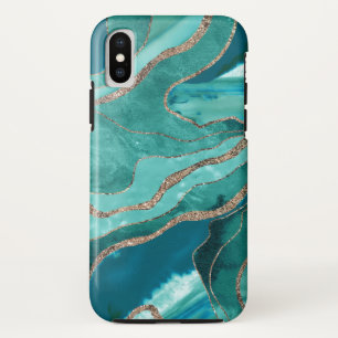 ターコイズティール(緑がかった色)マーブルアゲート金ゴールドグリッ iPhone X ケース