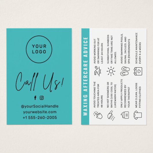 ターコイズティール（緑がかった色）ワックスアフターケアカードの脱毛 (正面&裏面)