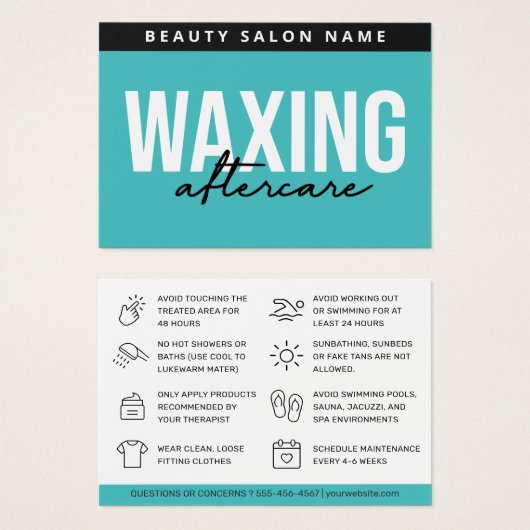 ターコイズティール（緑がかった色）ワックスxingアフターケアカードヘア除去 (正面&裏面)